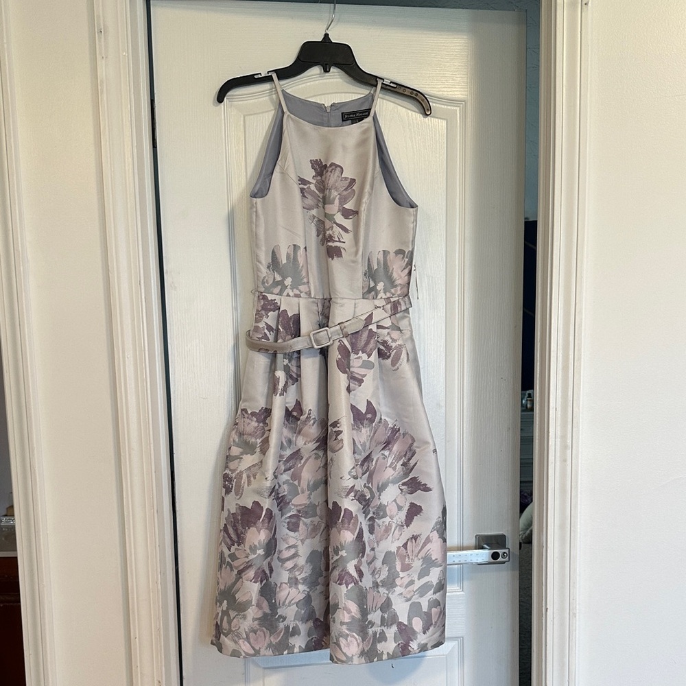Jessica Howard Cream Satin Floral Halter Dress with Lavender Accents